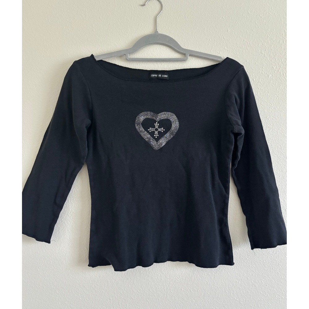 Vintage Esprit De Corp Black Glitter Heart Rhinestone Cross Top Y2K Grunge M